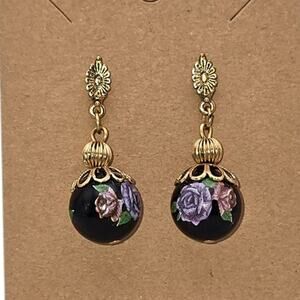 Black Floral Rose Drop Earrings Gold Tone Purple Pink Romantic Elegance